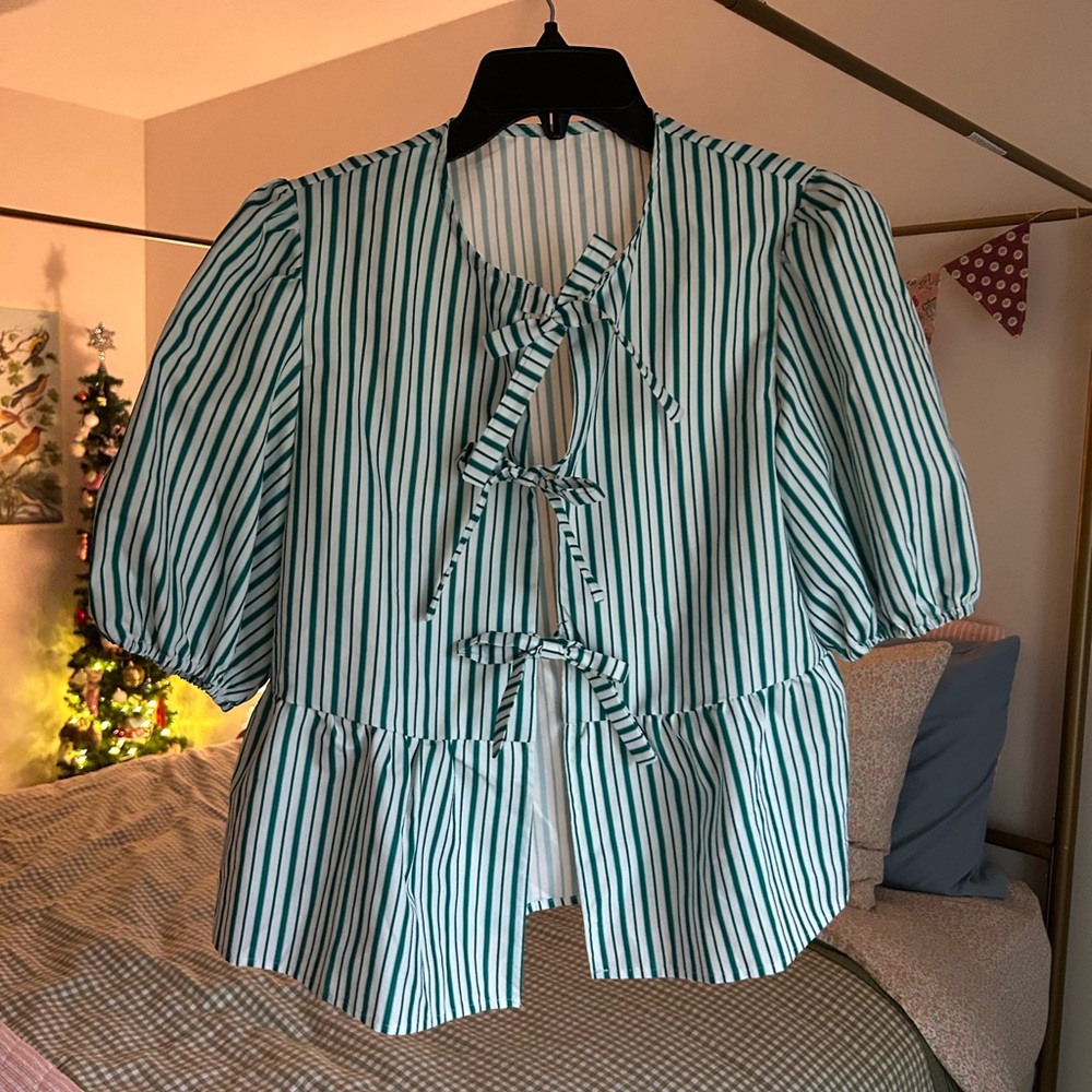 SHEIN Green and White Striped Blouse with Bow Detail